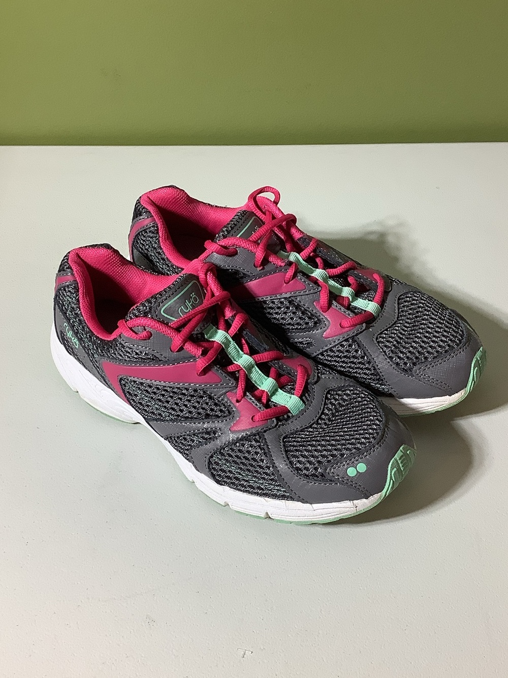 Ryka dark gray/magenta/mint green runners, size 9